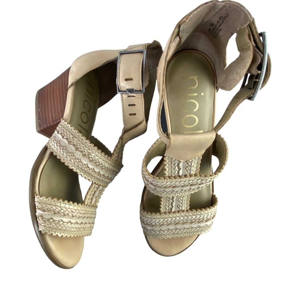 Nicole Tessie leather tan stacked heel T-strap sandals, 7M